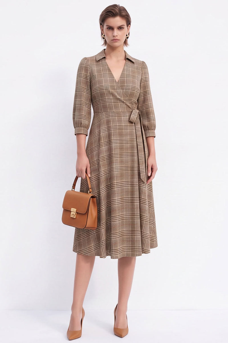Load image into Gallery viewer, Grey Plaid A-Line V Neck Lapel Midi Work Dress with Sleeves