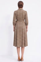 Load image into Gallery viewer, Grey Plaid A-Line V Neck Lapel Midi Work Dress with Sleeves