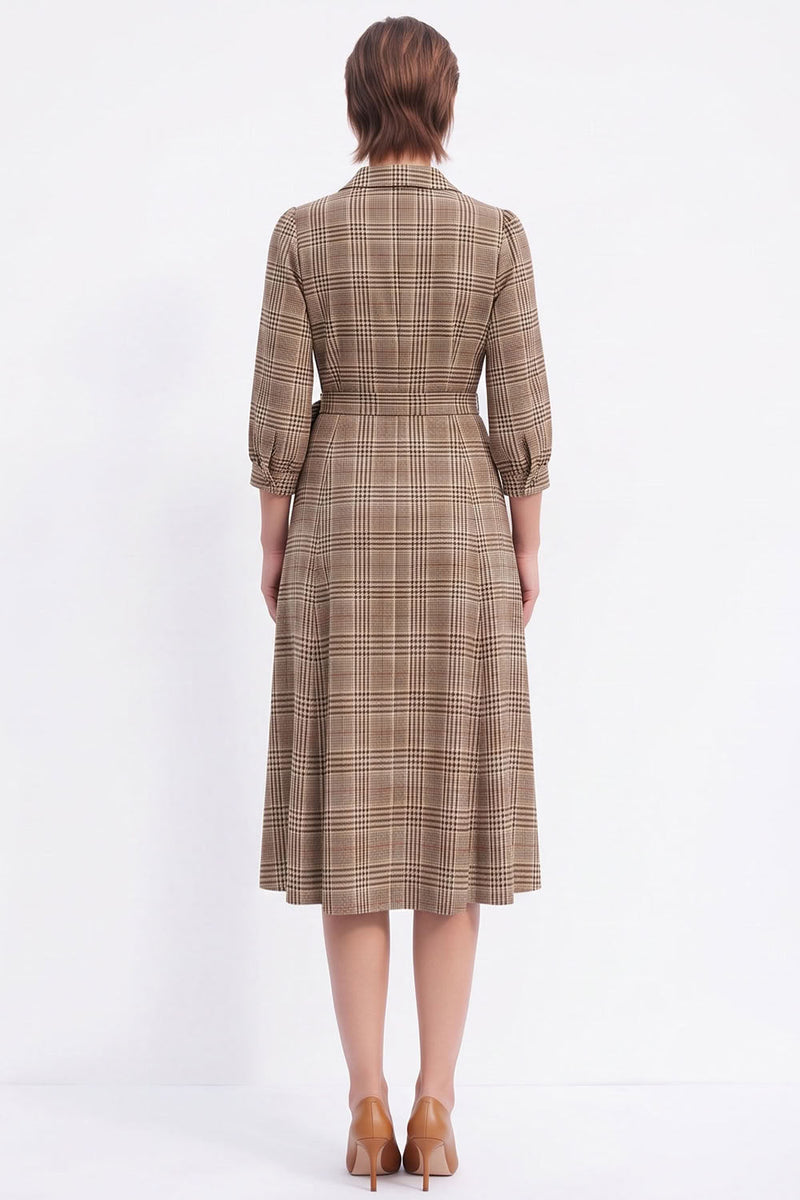 Load image into Gallery viewer, Grey Plaid A-Line V Neck Lapel Midi Work Dress with Sleeves