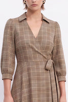 Load image into Gallery viewer, Grey Plaid A-Line V Neck Lapel Midi Work Dress with Sleeves