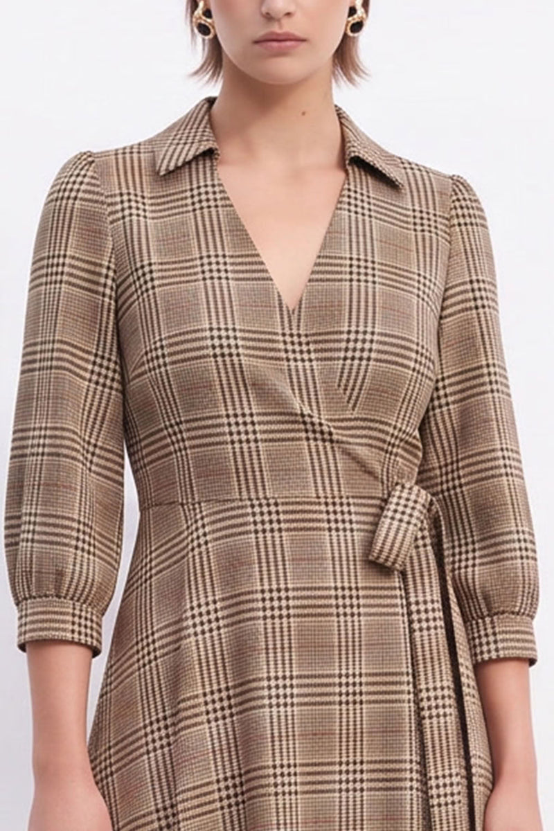 Load image into Gallery viewer, Grey Plaid A-Line V Neck Lapel Midi Work Dress with Sleeves