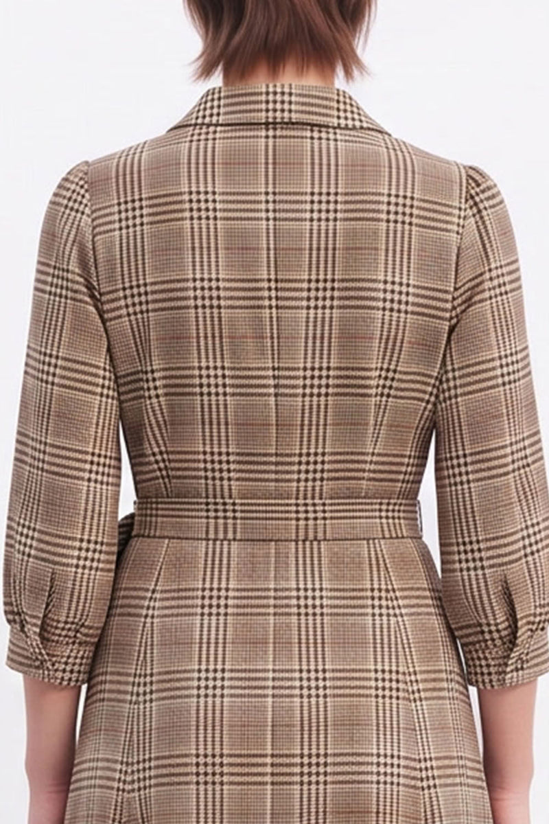 Load image into Gallery viewer, Grey Plaid A-Line V Neck Lapel Midi Work Dress with Sleeves