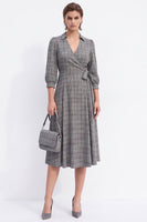 Load image into Gallery viewer, Grey Plaid A-Line V Neck Lapel Midi Work Dress with Sleeves