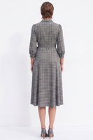 Load image into Gallery viewer, Grey Plaid A-Line V Neck Lapel Midi Work Dress with Sleeves