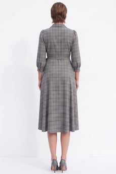 Grey Plaid A-Line V Neck Lapel Midi Work Dress with Sleeves