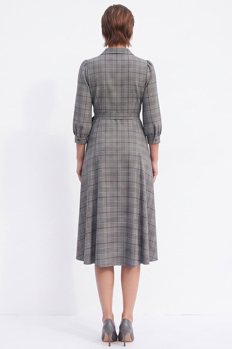 Load image into Gallery viewer, Grey Plaid A-Line V Neck Lapel Midi Work Dress with Sleeves