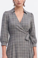 Load image into Gallery viewer, Grey Plaid A-Line V Neck Lapel Midi Work Dress with Sleeves