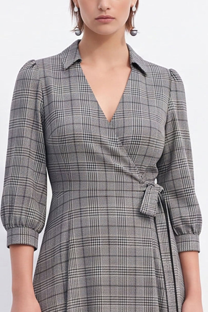 Load image into Gallery viewer, Grey Plaid A-Line V Neck Lapel Midi Work Dress with Sleeves