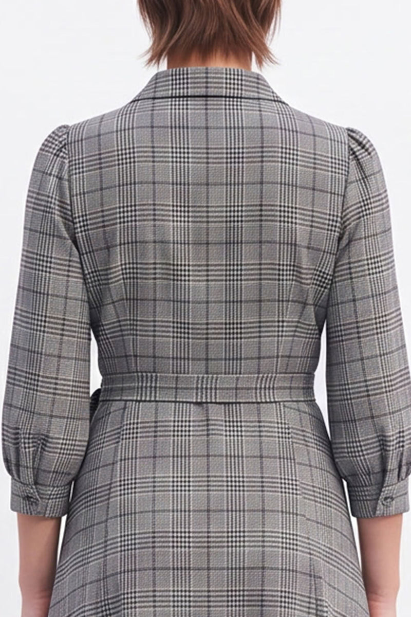Load image into Gallery viewer, Grey Plaid A-Line V Neck Lapel Midi Work Dress with Sleeves