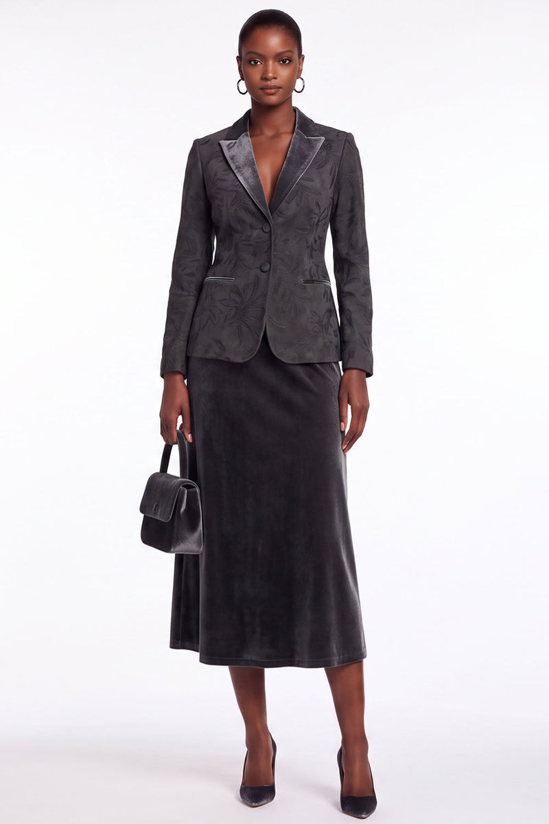 Load image into Gallery viewer, Velvet Black Grey 2-Piece Floral Peak Lapel Women Trouser Suits