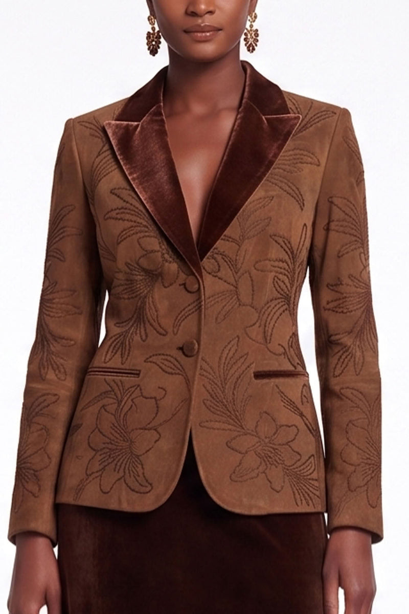Load image into Gallery viewer, Velvet Black Grey 2-Piece Floral Peak Lapel Women Trouser Suits