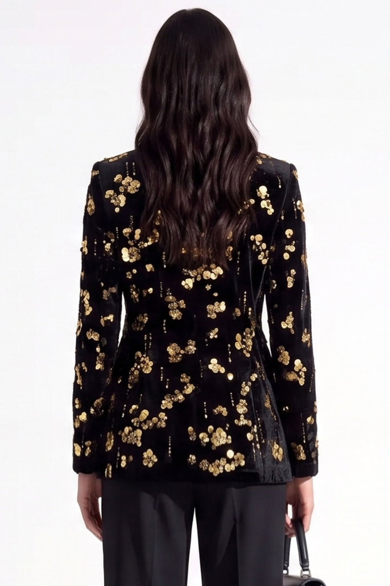 Load image into Gallery viewer, Sparkly Golden Peak Lapel Sequins Floral Women Prom Blazer