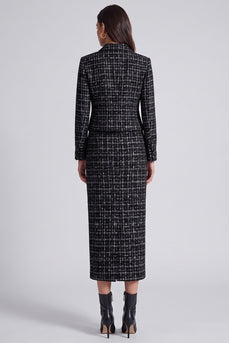 Black Bodycon 2 Piece Lapel Tweed Women Business Suits with Slit
