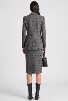 2 Piece Grey Black Dots Peak Lapel Bodycon Women Business Suits with Slit