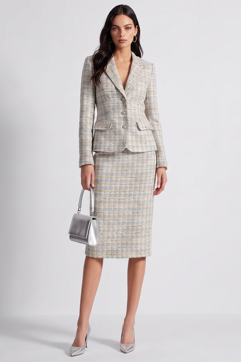 Load image into Gallery viewer, Grey Blue 2 Piece Notched Lapel Tweed Long Sleeves Women Business Suits