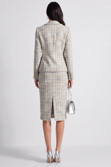 Grey Blue 2 Piece Notched Lapel Tweed Long Sleeves Women Business Suits