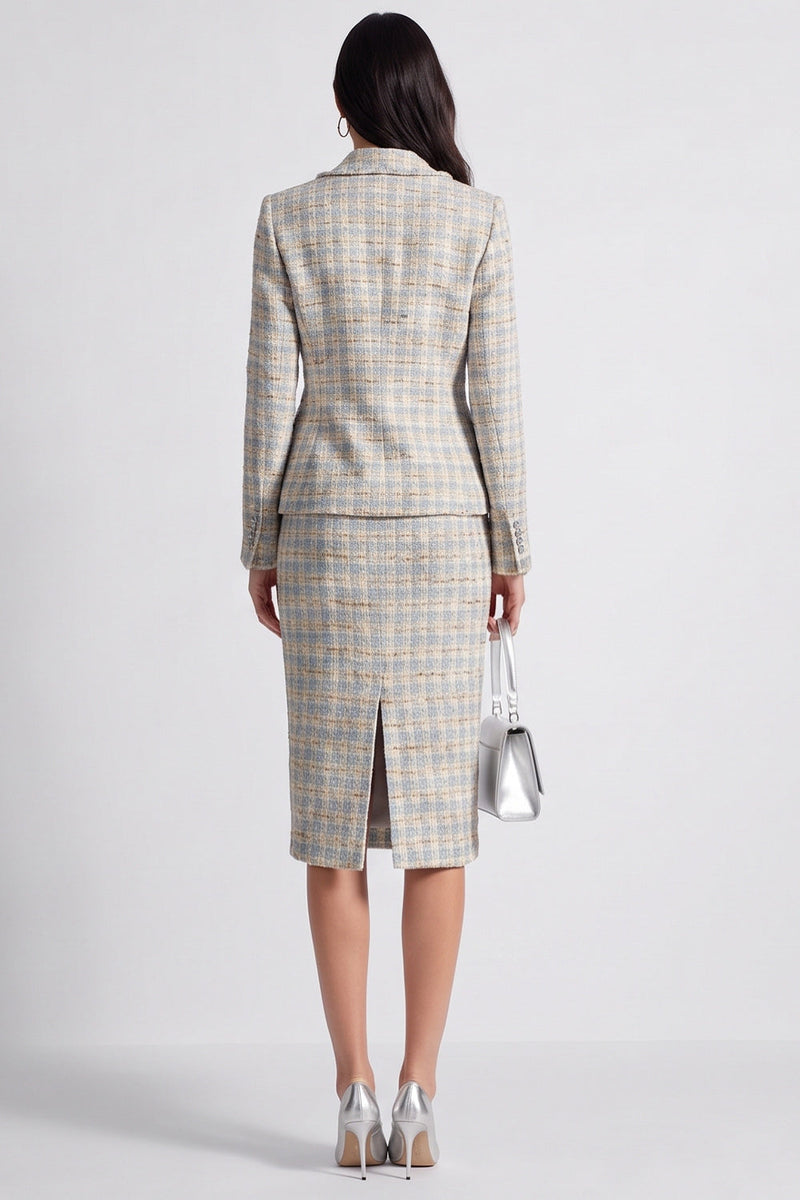 Load image into Gallery viewer, Grey Blue 2 Piece Notched Lapel Tweed Long Sleeves Women Business Suits
