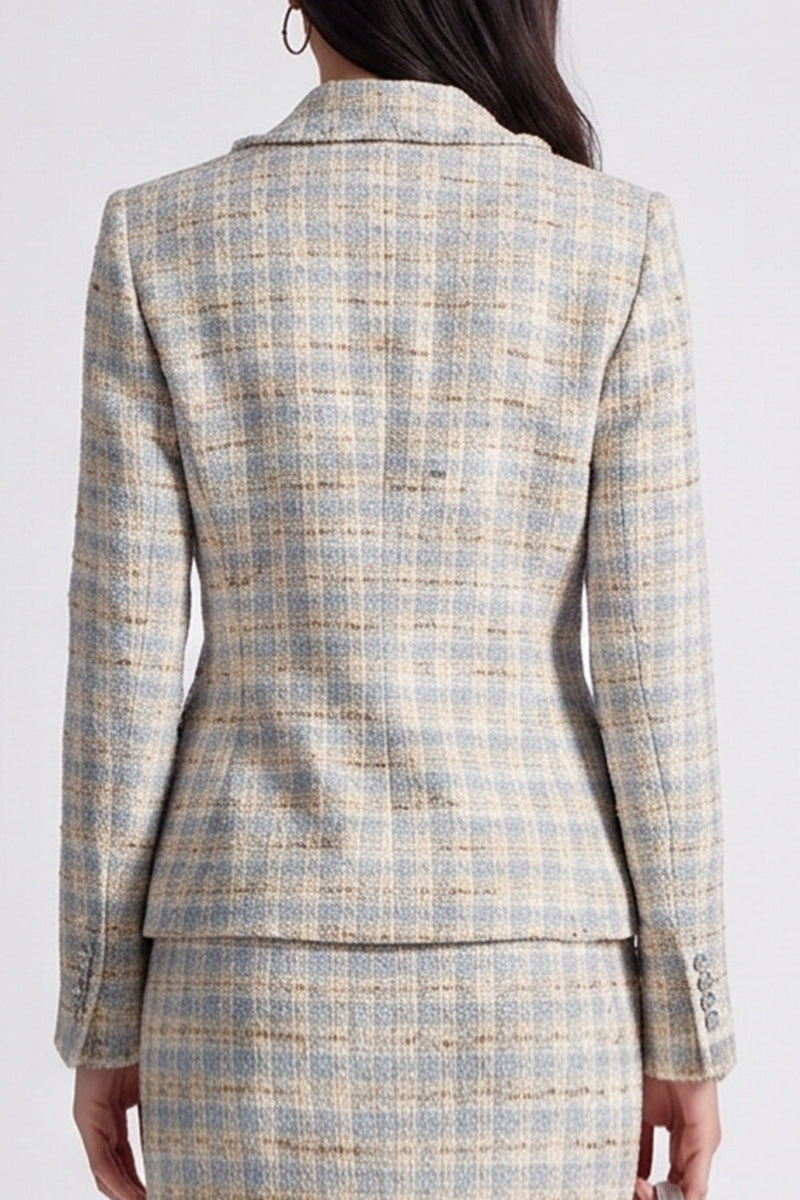 Load image into Gallery viewer, Grey Blue 2 Piece Notched Lapel Tweed Long Sleeves Women Business Suits