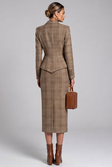 2 Piece Brown Plaid Notched Lapel Bodycon Women Business Suits with Sleeves
