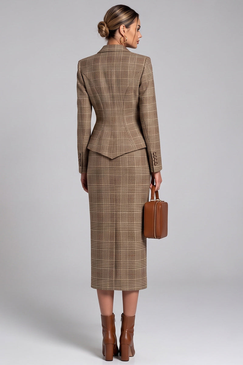 Load image into Gallery viewer, 2 Piece Brown Plaid Notched Lapel Bodycon Women Business Suits with Sleeves