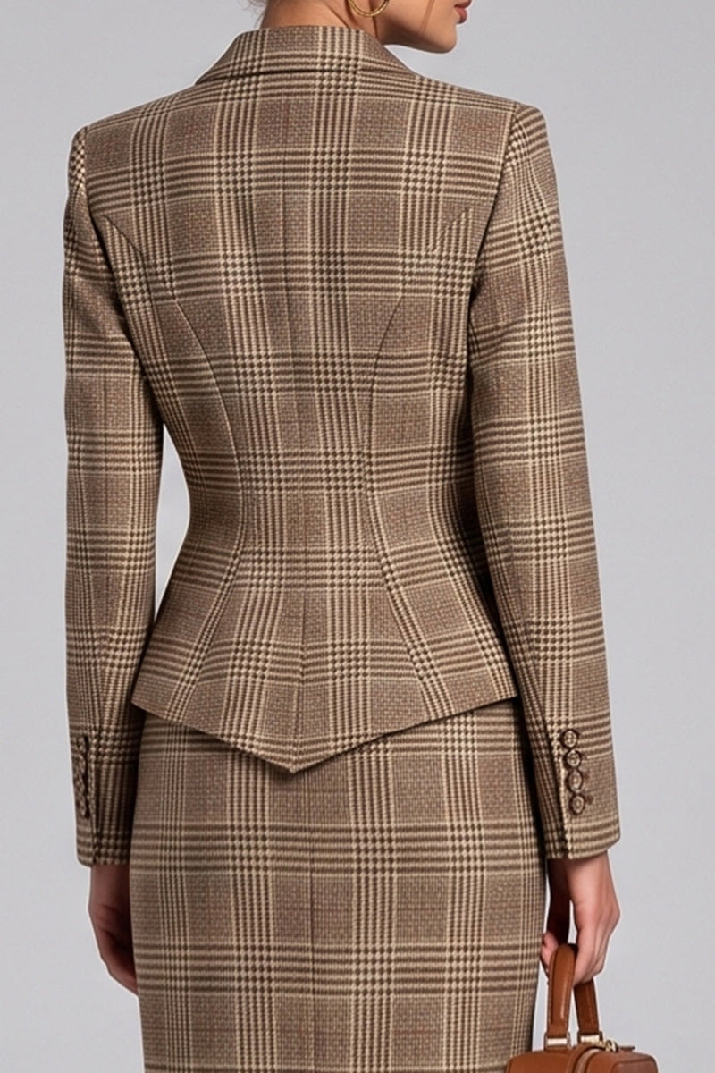 Load image into Gallery viewer, 2 Piece Brown Plaid Notched Lapel Bodycon Women Business Suits with Sleeves