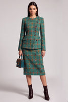 Load image into Gallery viewer, Green Plaid 2 Piece Tweed Bodycon Round Neck Women Business Suits with Sleeves