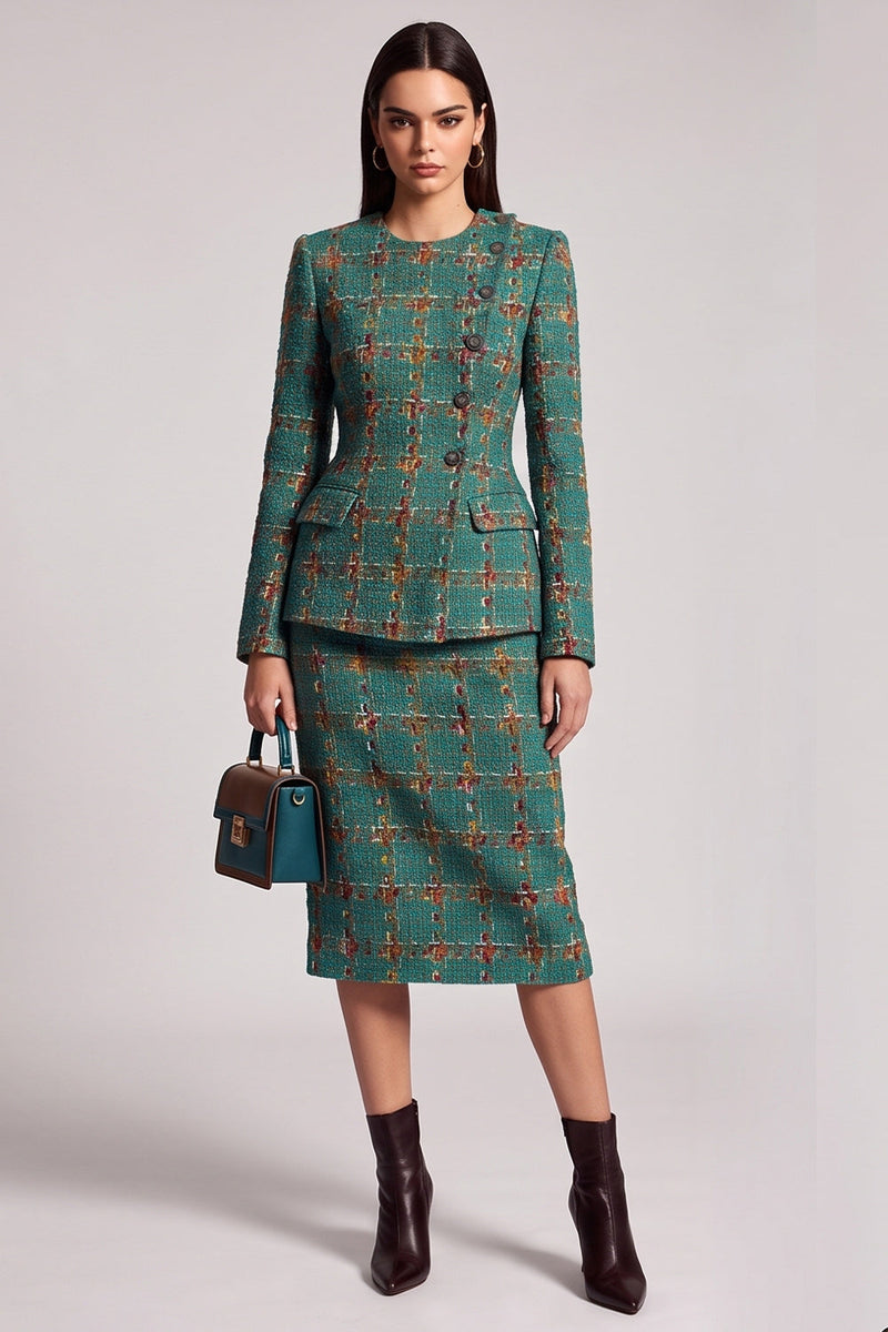 Load image into Gallery viewer, Green Plaid 2 Piece Tweed Bodycon Round Neck Women Business Suits with Sleeves