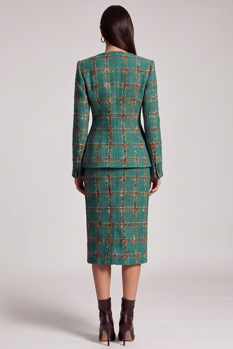Load image into Gallery viewer, Green Plaid 2 Piece Tweed Bodycon Round Neck Women Business Suits with Sleeves