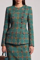 Load image into Gallery viewer, Green Plaid 2 Piece Tweed Bodycon Round Neck Women Business Suits with Sleeves