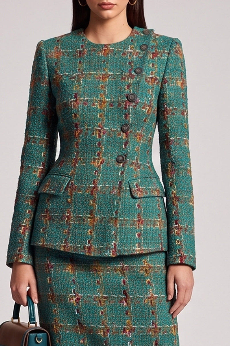 Load image into Gallery viewer, Green Plaid 2 Piece Tweed Bodycon Round Neck Women Business Suits with Sleeves