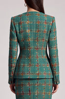 Load image into Gallery viewer, Green Plaid 2 Piece Tweed Bodycon Round Neck Women Business Suits with Sleeves