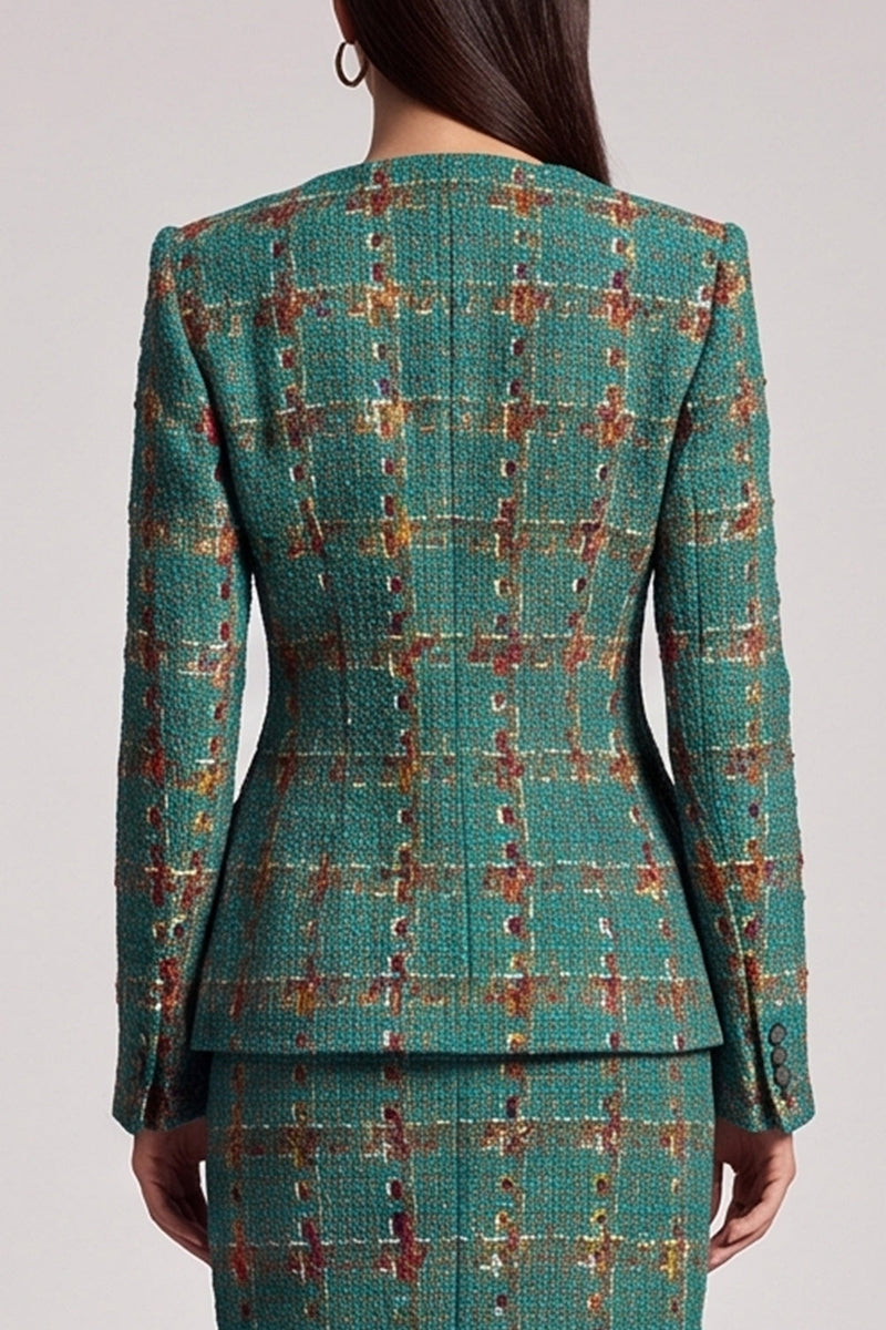 Load image into Gallery viewer, Green Plaid 2 Piece Tweed Bodycon Round Neck Women Business Suits with Sleeves