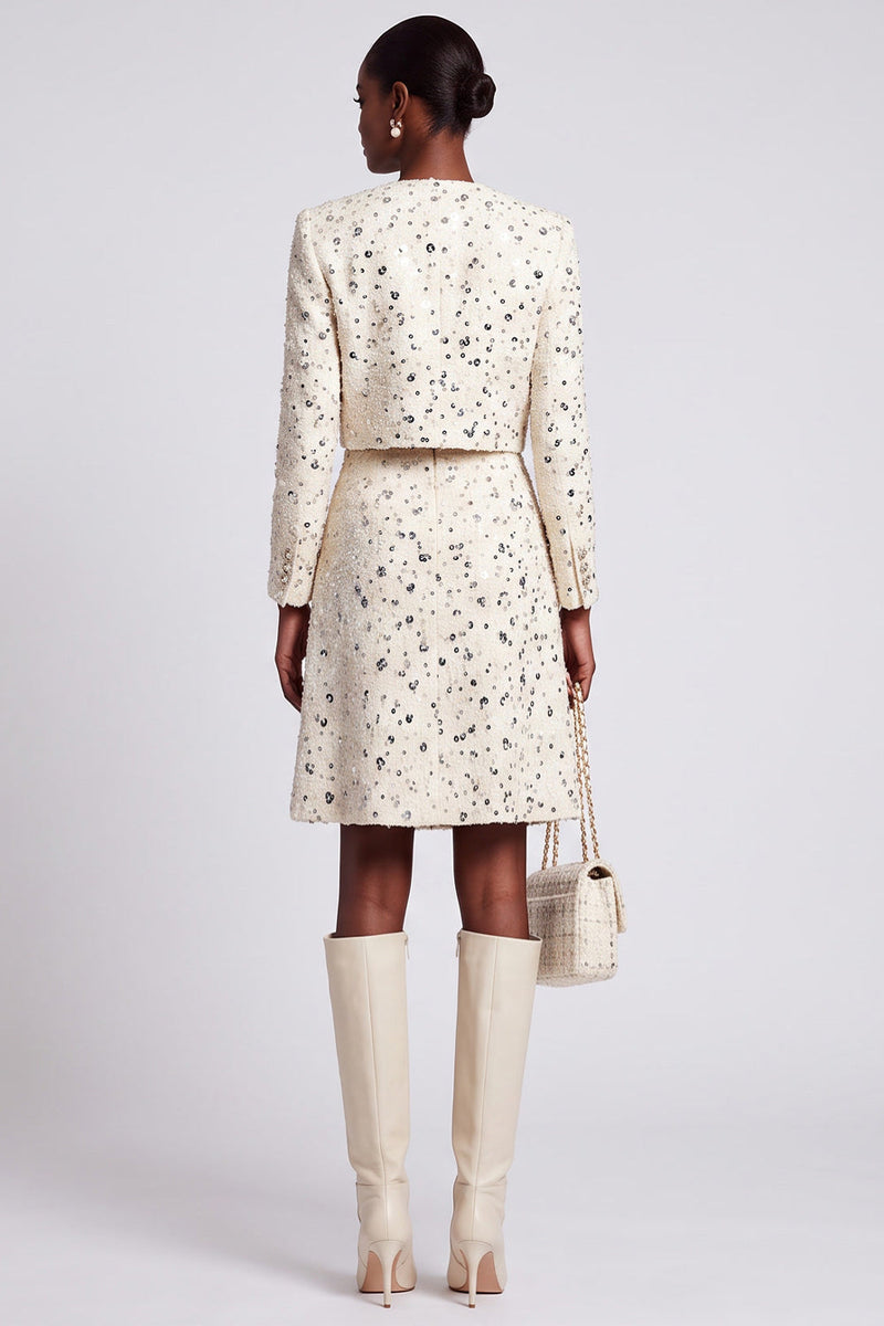 Load image into Gallery viewer, Ivory 2 Piece Tweed Round Neck A Line Women Suits with Sleeves
