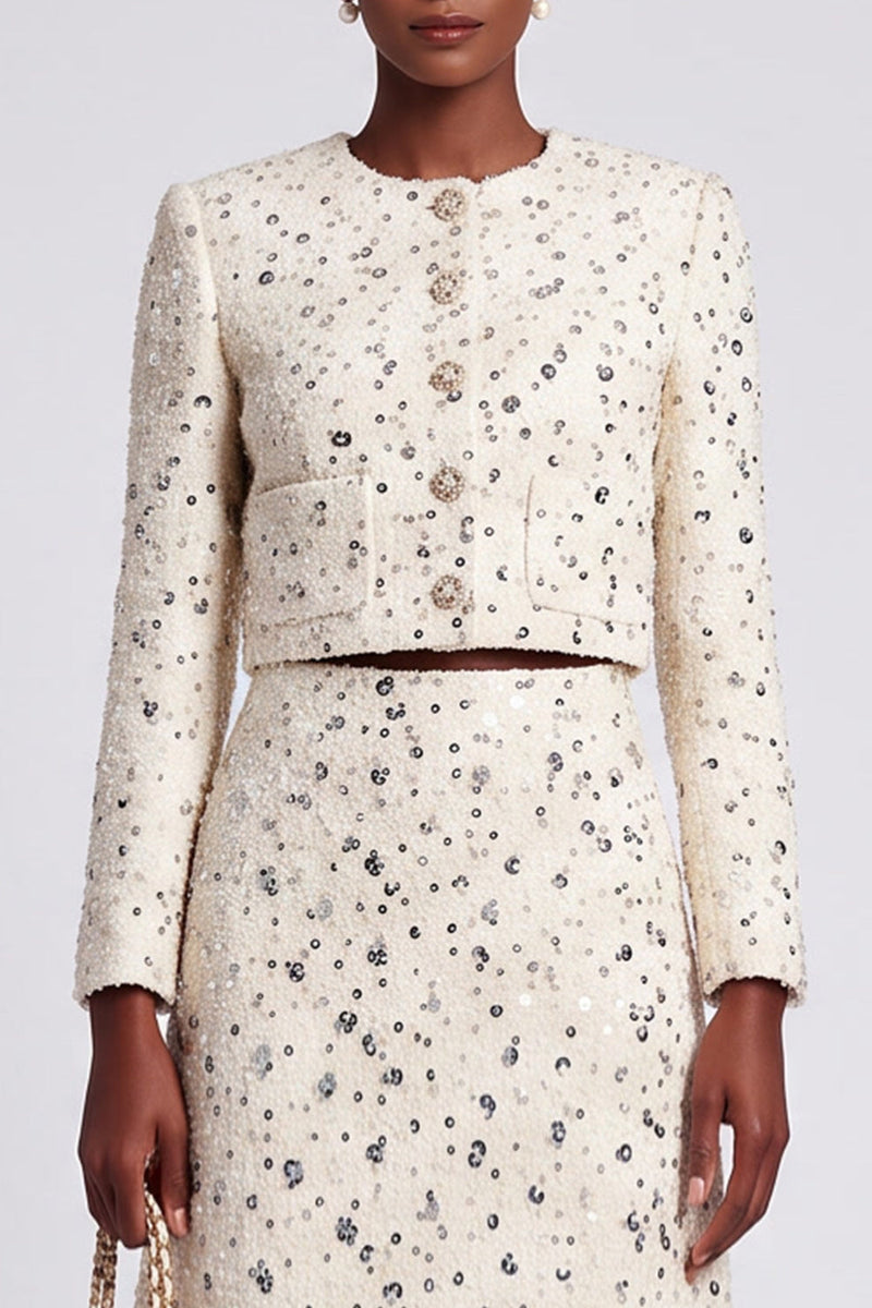 Load image into Gallery viewer, Ivory 2 Piece Tweed Round Neck A Line Women Suits with Sleeves