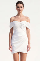 Load image into Gallery viewer, White Bodycon Ruched Off the Shoulder Satin Short Wedding Dress