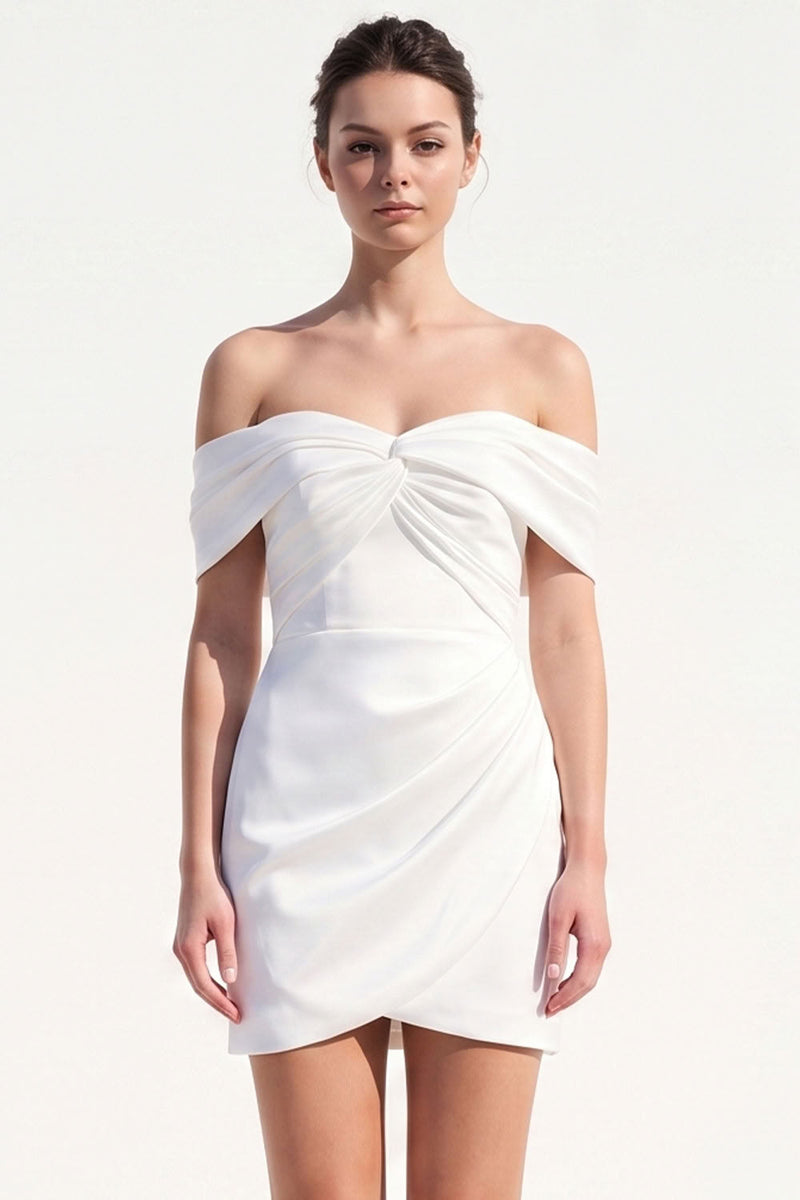 Load image into Gallery viewer, White Bodycon Ruched Off the Shoulder Satin Short Wedding Dress