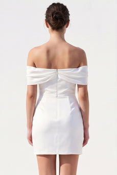 White Bodycon Ruched Off the Shoulder Satin Short Wedding Dress