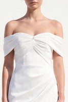 Load image into Gallery viewer, White Bodycon Ruched Off the Shoulder Satin Short Wedding Dress