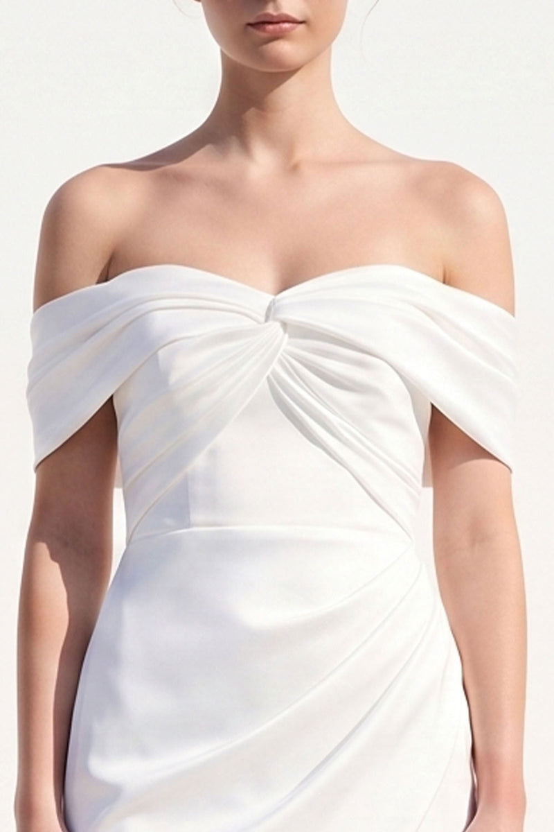 Load image into Gallery viewer, White Bodycon Ruched Off the Shoulder Satin Short Wedding Dress