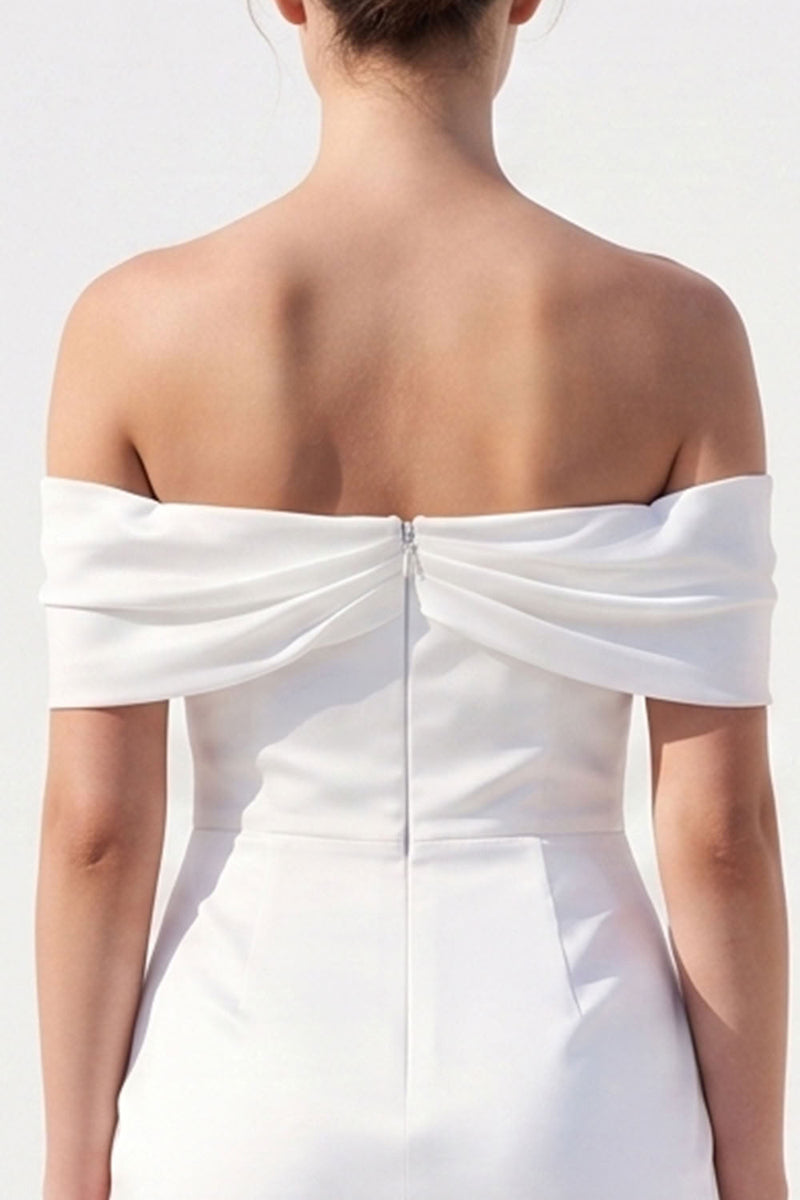 Load image into Gallery viewer, White Bodycon Ruched Off the Shoulder Satin Short Wedding Dress