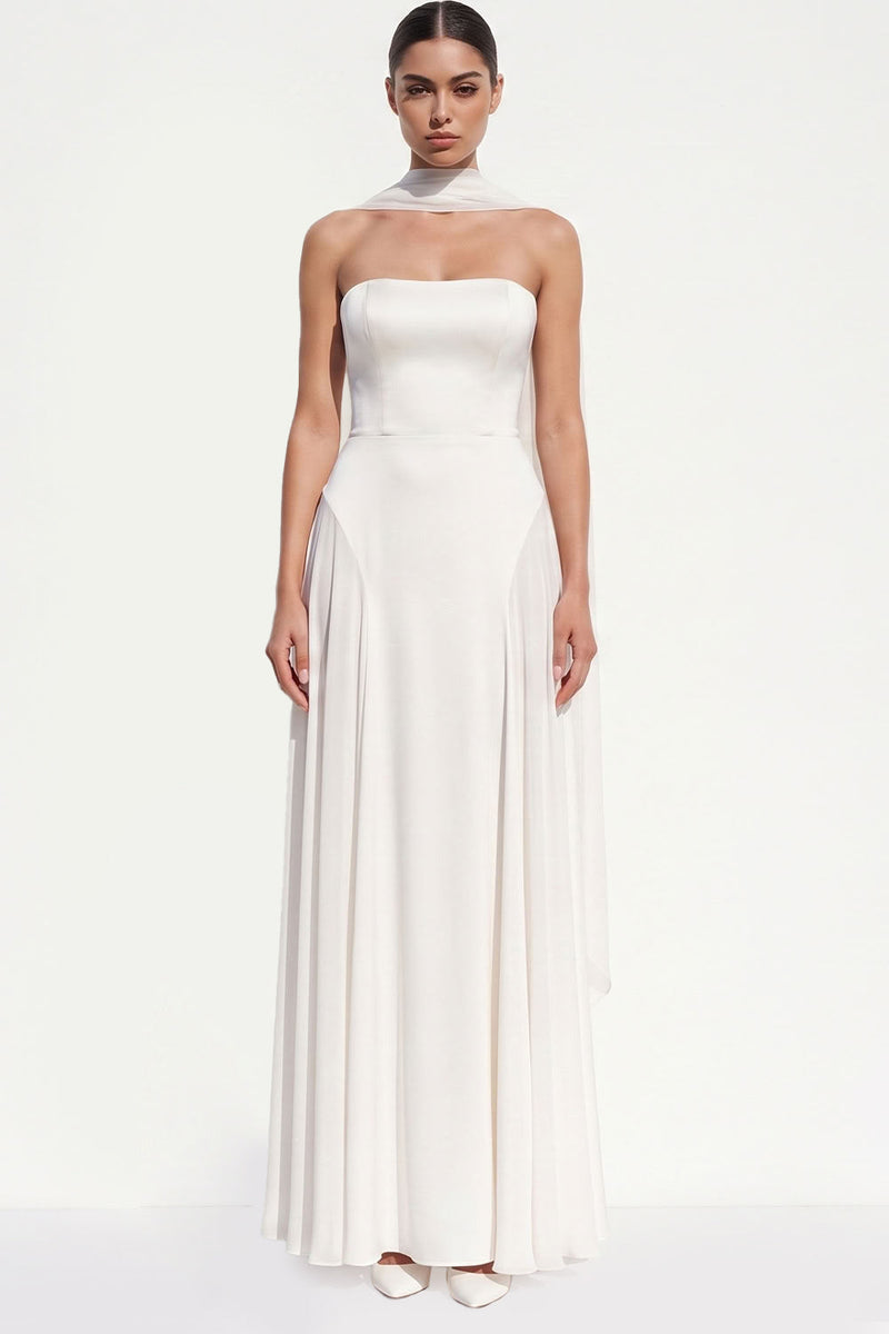 Load image into Gallery viewer, Simple White Strapless A-Line Neck Scarf Long Beach Wedding Dress