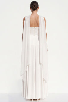 Simple White Strapless A-Line Neck Scarf Long Beach Wedding Dress