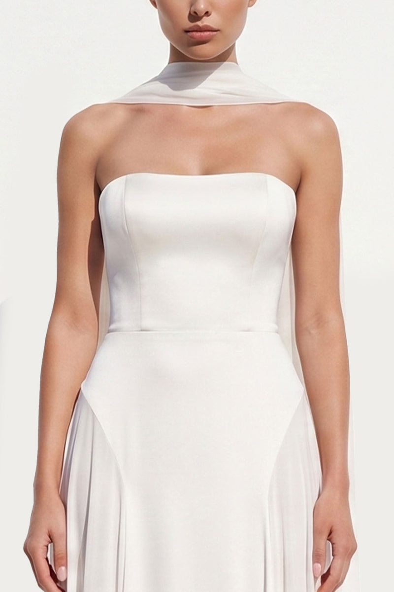 Load image into Gallery viewer, Simple White Strapless A-Line Neck Scarf Long Beach Wedding Dress