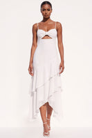 Load image into Gallery viewer, White Ruffled Chiffon Asymmetrical Beach Wedding Dress with Keyhole