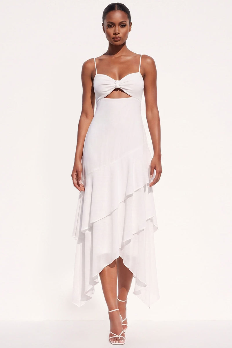 Load image into Gallery viewer, White Ruffled Chiffon Asymmetrical Beach Wedding Dress with Keyhole