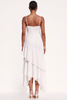 White Ruffled Chiffon Asymmetrical Beach Wedding Dress with Keyhole