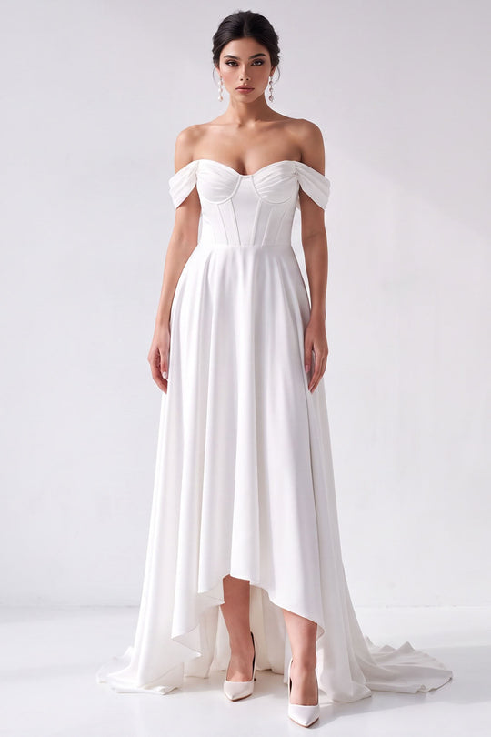 Simple Corset A-Line White Off the Shoulder High-Low Wedding Dress