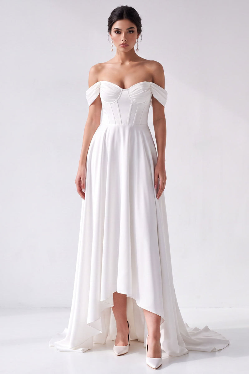 Load image into Gallery viewer, Simple Corset A-Line White Off the Shoulder High-Low Wedding Dress