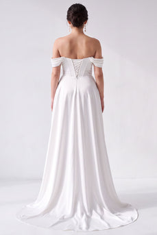 Simple Corset A-Line White Off the Shoulder High-Low Wedding Dress