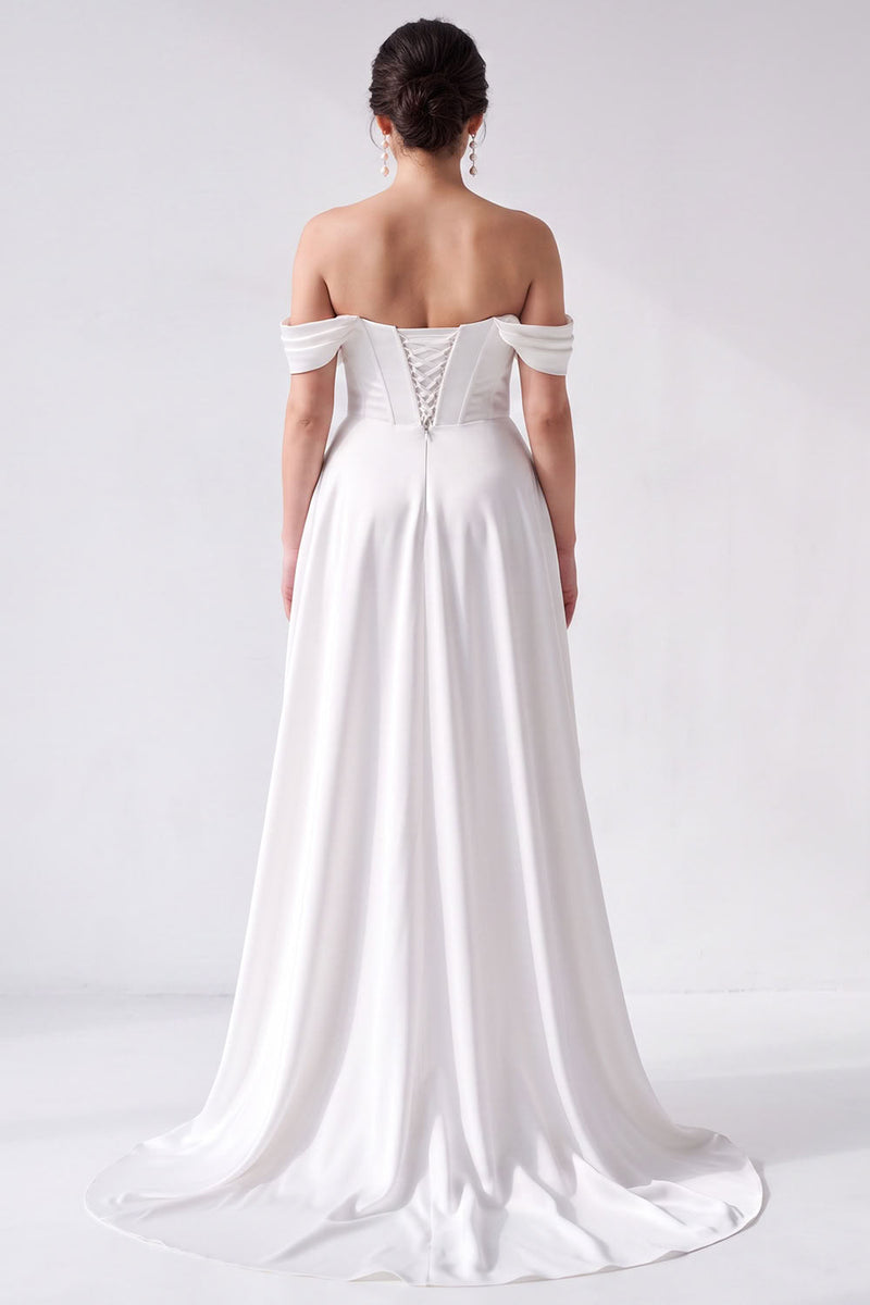Load image into Gallery viewer, Simple Corset A-Line White Off the Shoulder High-Low Wedding Dress